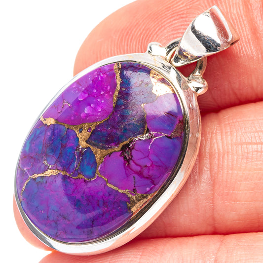 Oval purple turquoise pendant with gold veining, .925 sterling silver bail