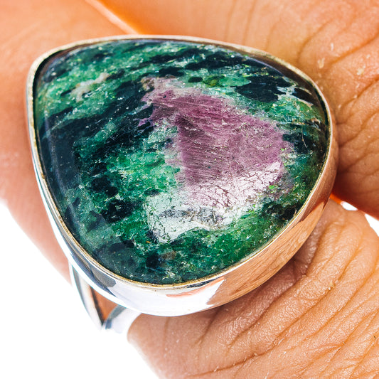 Sterling silver oval gemstone ring, green and magenta marbled stone
