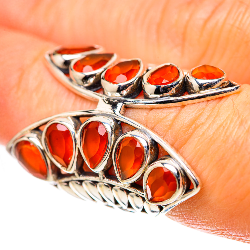 Silver sterling ring with oval orange carnelian stones in ornate marquise setting