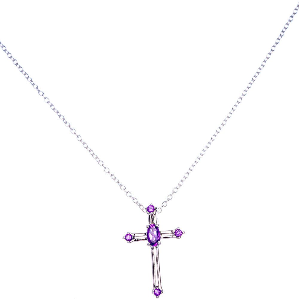 Faceted Amethyst Cross Necklace 18" (925 Sterling Silver) N90050