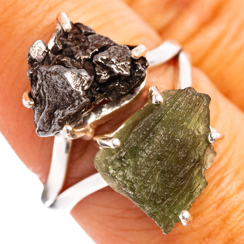 Sterling silver ring with green rough gemstone and dark meteorite-style stone, prong set