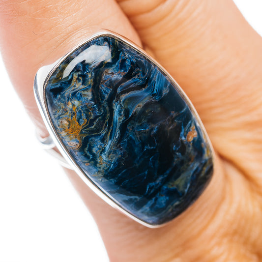 Oval pietersite cabochon ring with .925 sterling silver bezel, deep blue with gold flecks