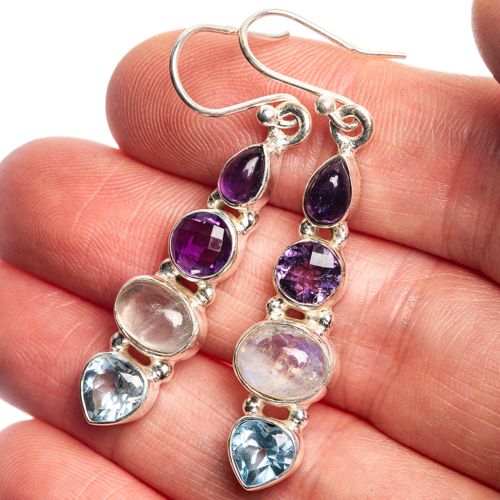 Rainbow Moonstone, Amethyst, Blue Topaz 925 Sterling Silver Earrings 1 7/8"