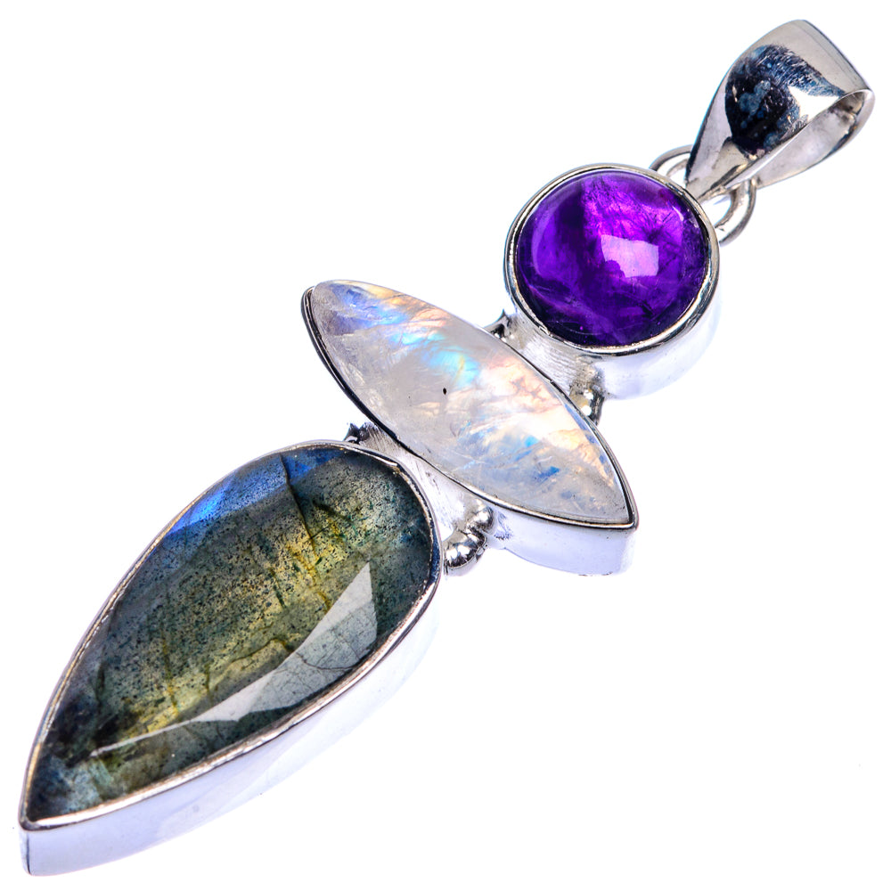 925 silver gemstone pendant with purple, opalescent white, and dark blue stones