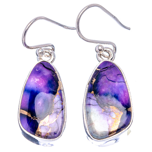 Purple-blue teardrop gemstone earrings with sterling silver hooks and gold streaks.