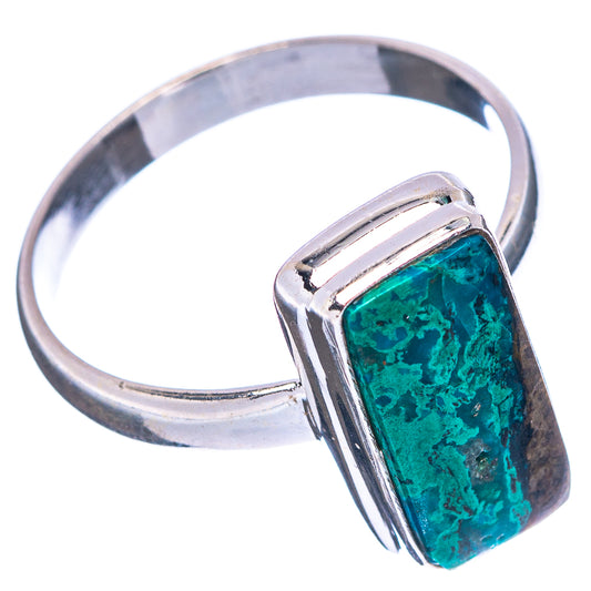 Sterling silver ring with rectangular turquoise chrysocolla stone in open bezel