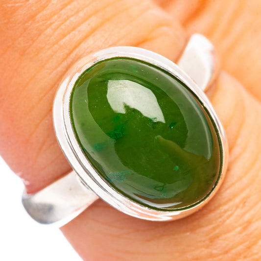 Nephrite jade ring with oval green stone bezel set in polished 925 sterling silver