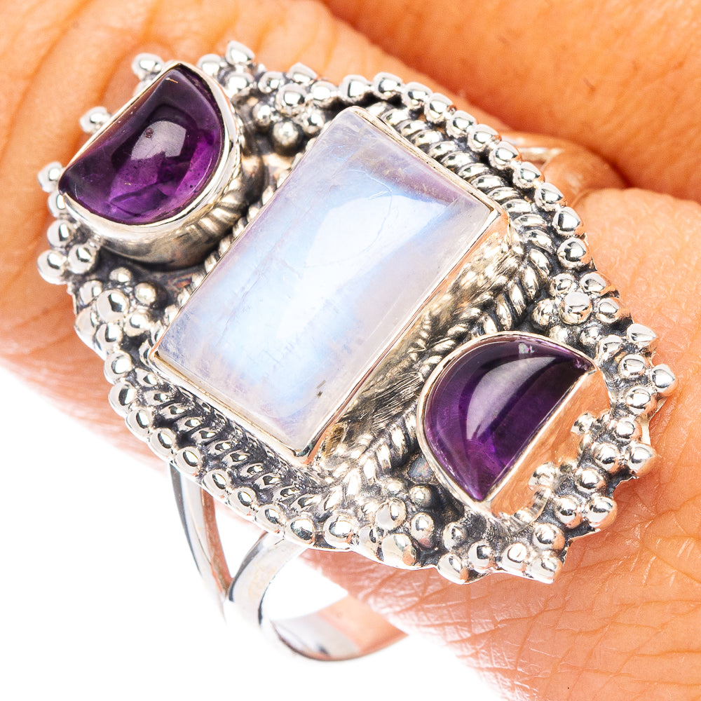 925 sterling silver ring with iridescent moonstone rectangle and two amethyst cabochons