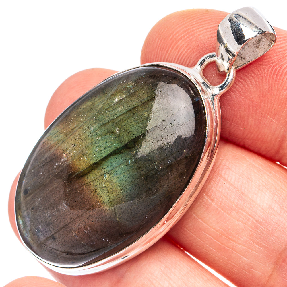 925 sterling silver labradorite oval pendant with glossy dark green-gray flash