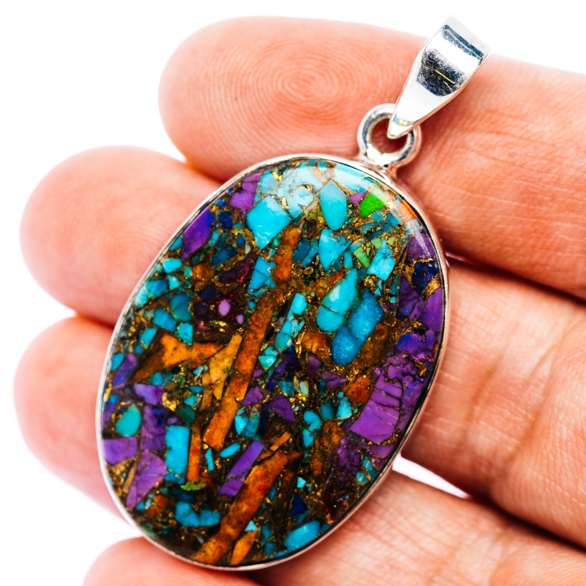 Large oval turquoise and purple mosaic pendant with .925 sterling silver bail and edge