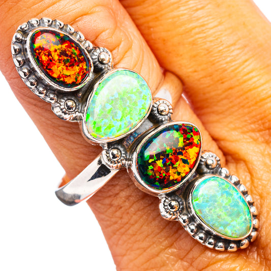 Opal-style synthetic ring with three oval stones, bezel-set silver-tone band (size 11)