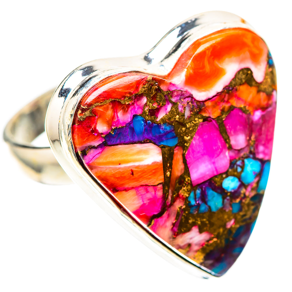 Heart-shaped sterling silver ring with colorful pink, orange, blue mosaic stone detail