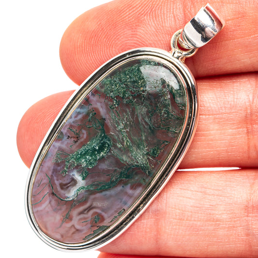 Oval green moss agate pendant with .925 sterling silver bezel and bail