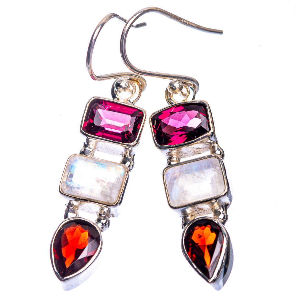 Rainbow Moonstone, Garnet Earrings 1 5/8" (925 Sterling Silver) E432480