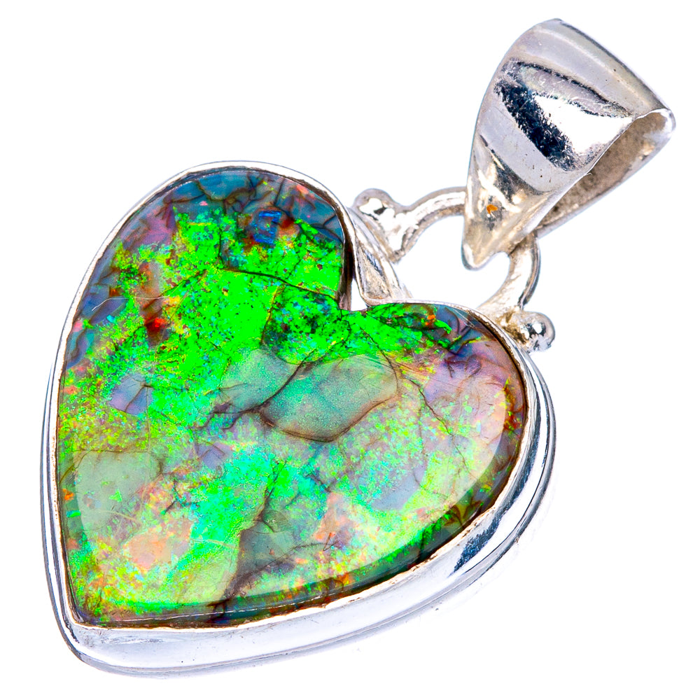 Heart opal pendant, 925 sterling silver setting with colorful green, blue, red fire