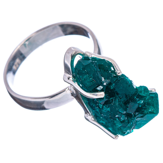 Raw green dioptase crystal ring on .925 sterling silver band, open-set size 7