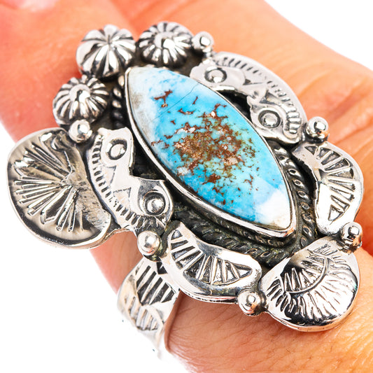 Turquoise oval gemstone adjustable sterling silver ring with decorative leaf details
