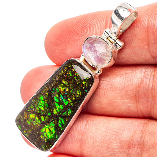 Sterling silver pendant with iridescent green ammolite rectangle and round moonstone top