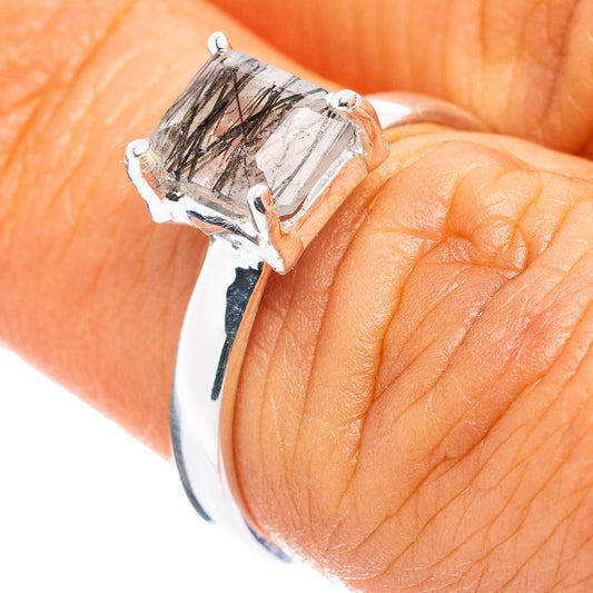 Tourmalinated quartz ring in .925 sterling silver with rectangular-cut prong stone