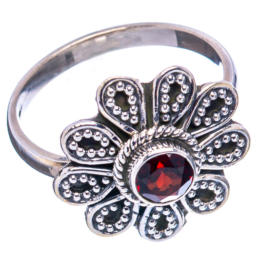Sterling silver garnet flower ring, red round center stone in scalloped petal design