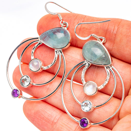 Aquamarine teardrop drop earrings, sterling hoops with blue and amethyst stones