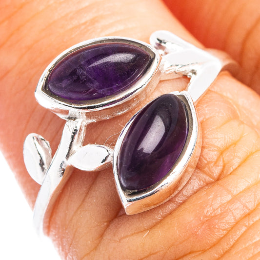 Sterling silver amethyst leaf dainty ring with two oval purple stones