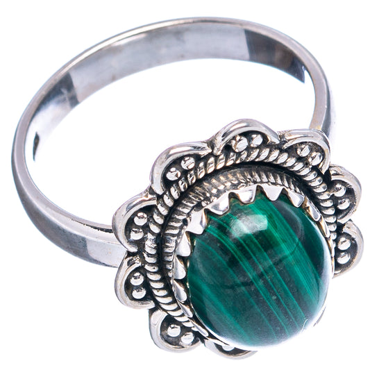 Malachite oval stone ring in .925 sterling silver, scalloped bezel, size 7