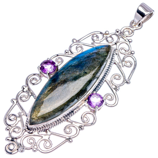 Sterling silver labradorite and amethyst pendant, oval blue stone with purple accents