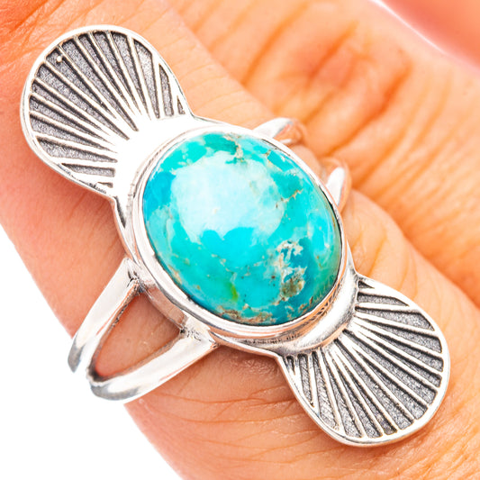 Size 7 sterling silver ring with oval turquoise cabochon and leaf fan accents