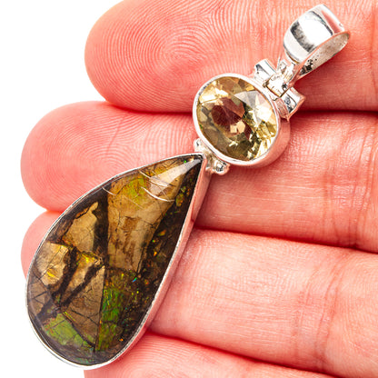 Premium Canadian Ammolite, Lemon Quartz Pendant 2 1/8" (.925 Sterling Silver)