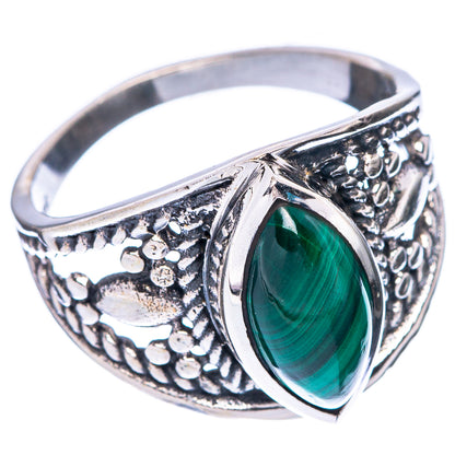 Sterling silver malachite ring with oval green gemstone bezel and textured decorative shank