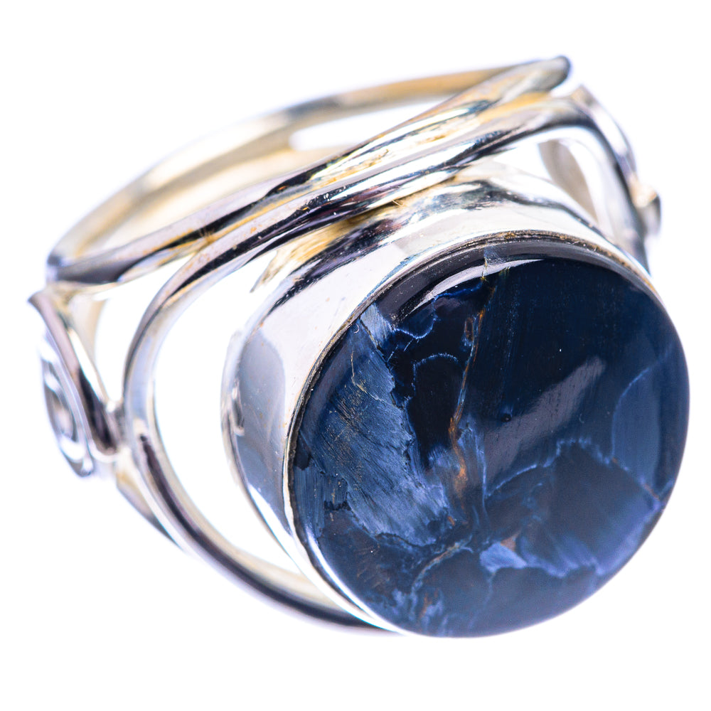 925 sterling silver ring with dark blue pietersite oval cabochon and curved band, size 6