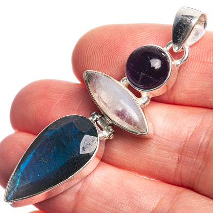 Labradorite, Rainbow Moonstone, Amethyst 925 Sterling Silver Pendant 2 1/8"