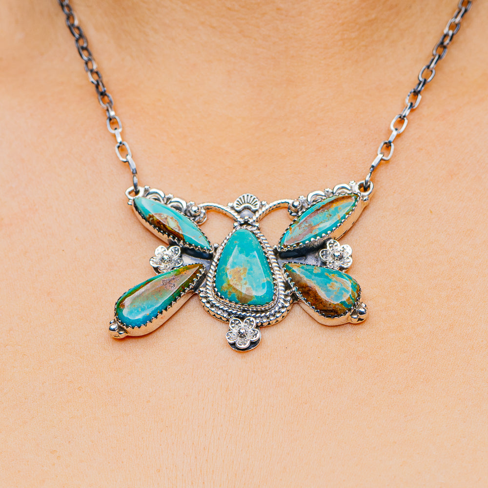 Southwestern Style Pilot Mountain Turquoise Butterfly Necklace 9 to 19" (.925 Sterling Silver)