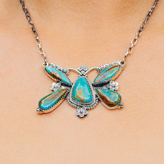Southwestern Style Pilot Mountain Turquoise Butterfly Necklace 9 to 19" (.925 Sterling Silver)