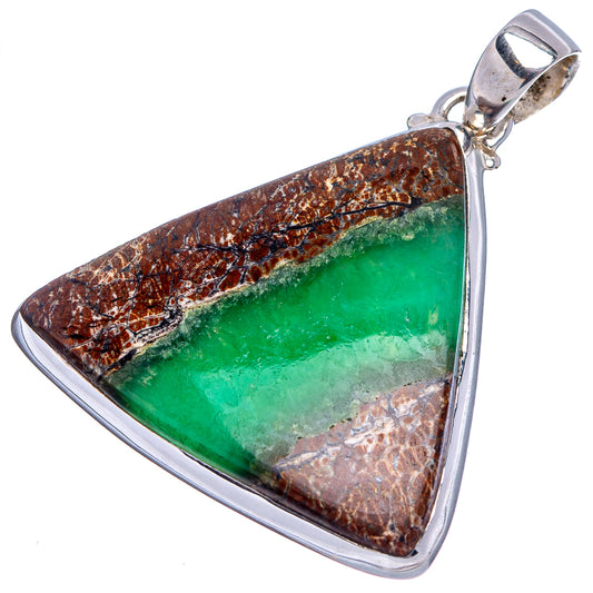 Sterling silver triangle boulder pendant with green chrysoprase stone, angled view