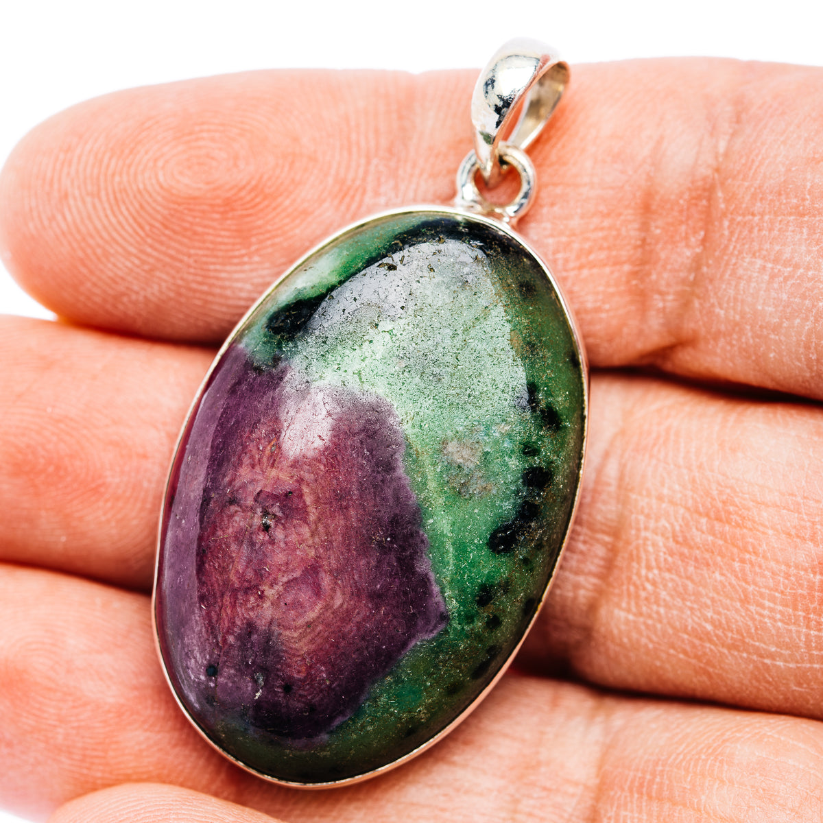 Oval ruby zoisite gemstone pendant in .925 sterling silver with bail, multicolor stone