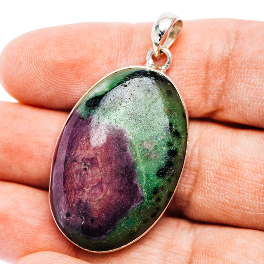 Oval ruby zoisite gemstone pendant in .925 sterling silver with bail, multicolor stone