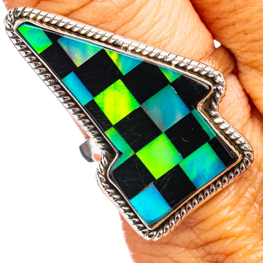 Sterling silver ring with black-and-green opal check pattern in a lightning-bolt frame
