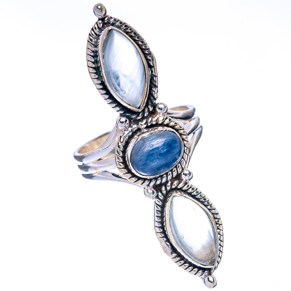 925 sterling silver kyanite ring, oval blue center stone with two marquise side stones