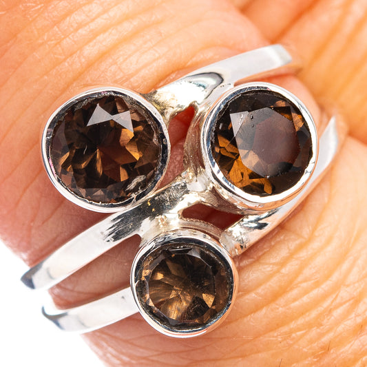 Smoky quartz ring in silver with three round dark brown gemstone settings, size 7.75