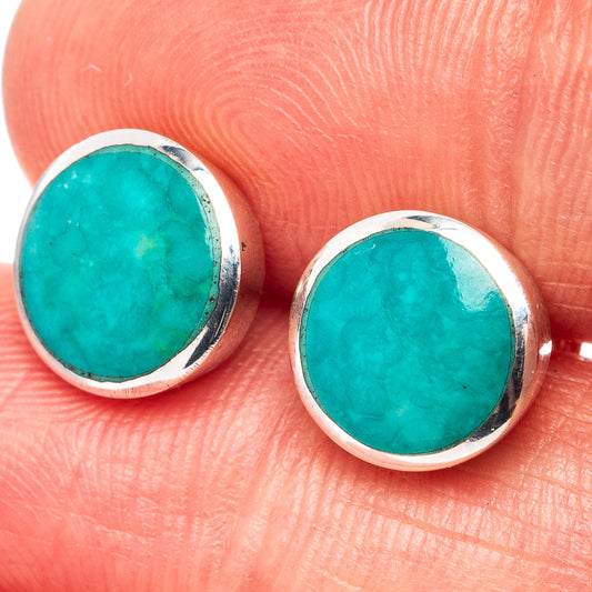 Turquoise cabochon stud earrings in .925 sterling silver, round bezel settings