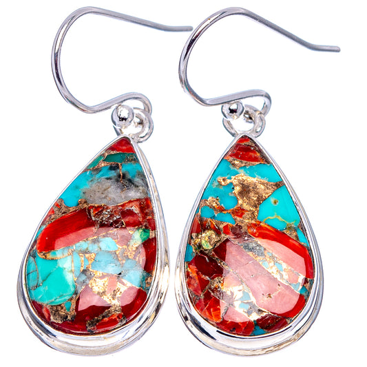 Sterling silver teardrop earrings with turquoise, red, and coral stone inlay, hooks