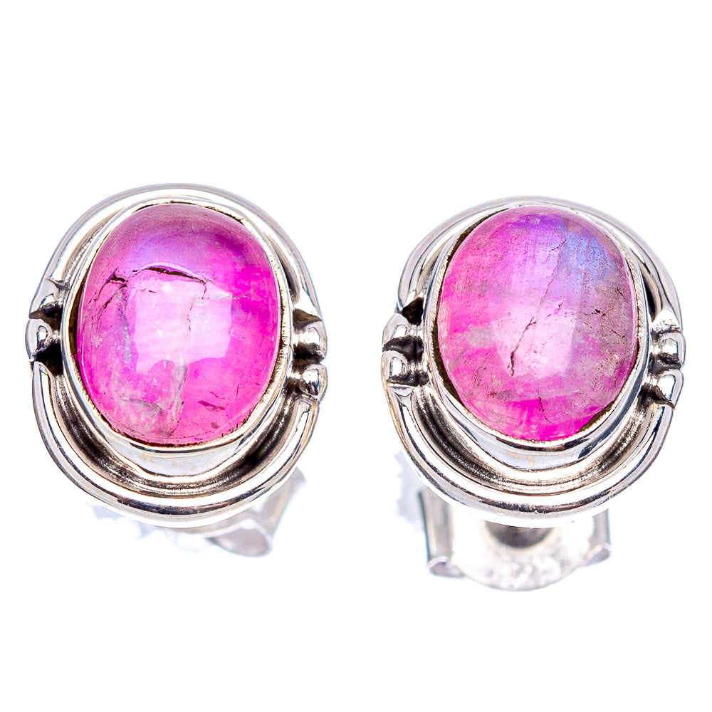 Sterling silver stud earrings with oval pink moonstone cabochons in round bezels