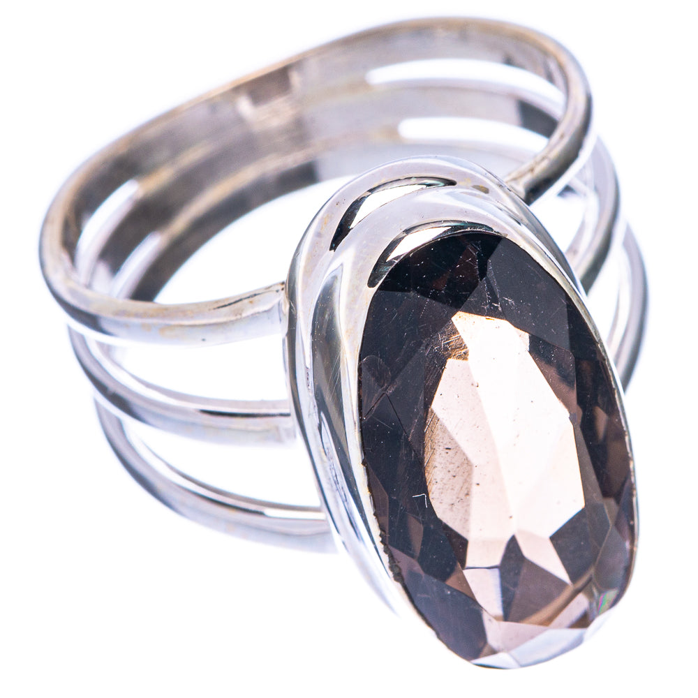 Smoky quartz ring, oval faceted dark gemstone bezel on polished 925 sterling silver