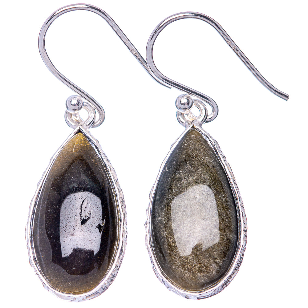 Gold Sheen Obsidian 925 Sterling Silver Earrings 1 3/8" (925 Sterling Silver) E1432