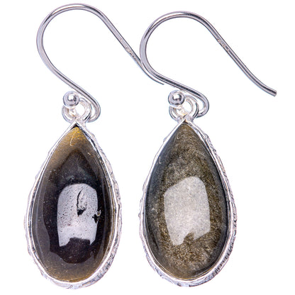 Gold Sheen Obsidian 925 Sterling Silver Earrings 1 3/8" (925 Sterling Silver) E1432