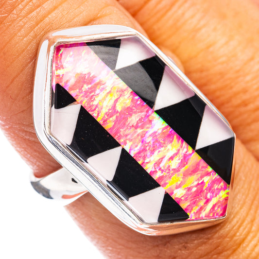 Sterling silver ring with pink opal-like gemstone, black and white geometric inlay, size 8