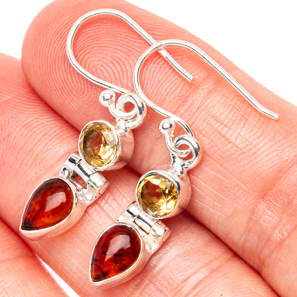 925 sterling silver drop earrings with round citrine and amber teardrop stones
