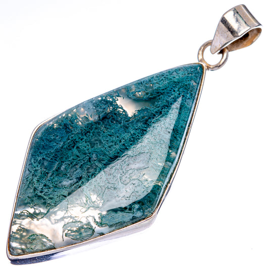 Green moss agate teardrop pendant with textured silver frame and hanging bail